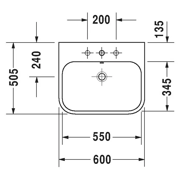 Duravit Happy D.2 Waschtisch - 60 x 50,5 cm, Ohne Spezialglasur, Hahnloch: Mitte, Mit Überlauf, Weiß, Geschliffen - Technische Zeichnung eines rechteckigen Waschbeckens mit abgerundeten Ecken und Maßen für die Installation.