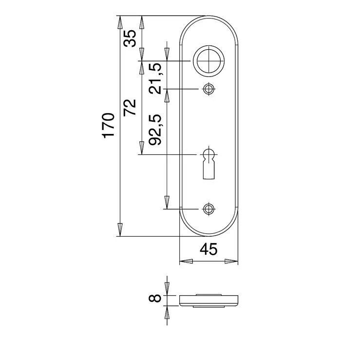 Portaferm Kurzschild ZT - Distanznorm: 72 mm, Buntbart, Silber - Produktdiagramm einer Türschildgarnitur mit genauen Maßangaben für Montage und Design.