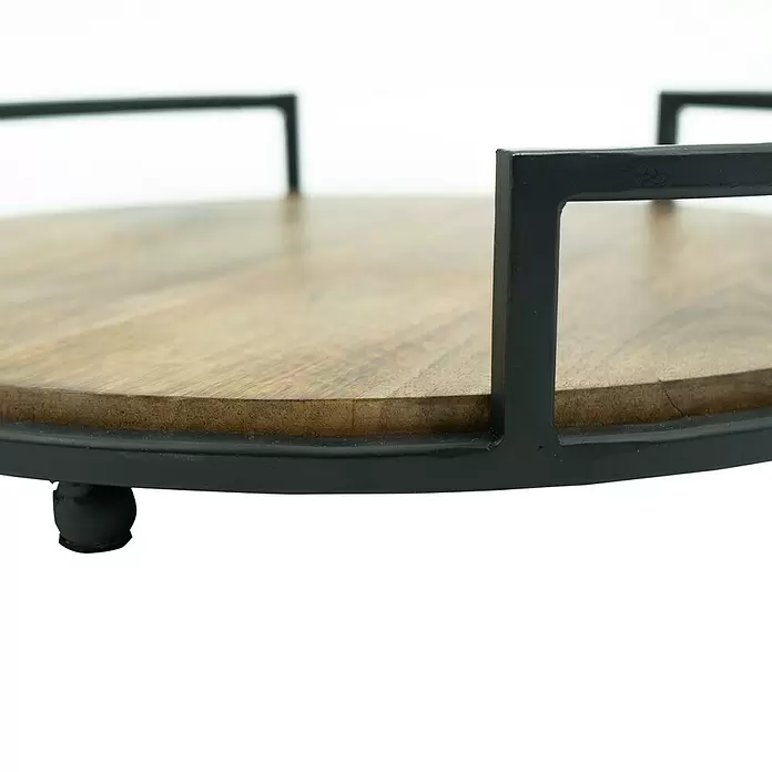 Deko-Tablett Style - Ø x H: 41 x 7,5 cm, Natur/Schwarz, Holz - Rundes Serviertablett aus Holz mit schwarzem Metallrahmen und Griffen.