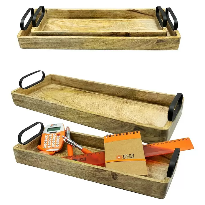 Deko-Tablett Madera - Natur/Schwarz, 38 x 14,5 cm, Holz - Zwei ineinanderliegende Holztabletts mit schwarzen Griffen, eines davon mit Büromaterial gefüllt.