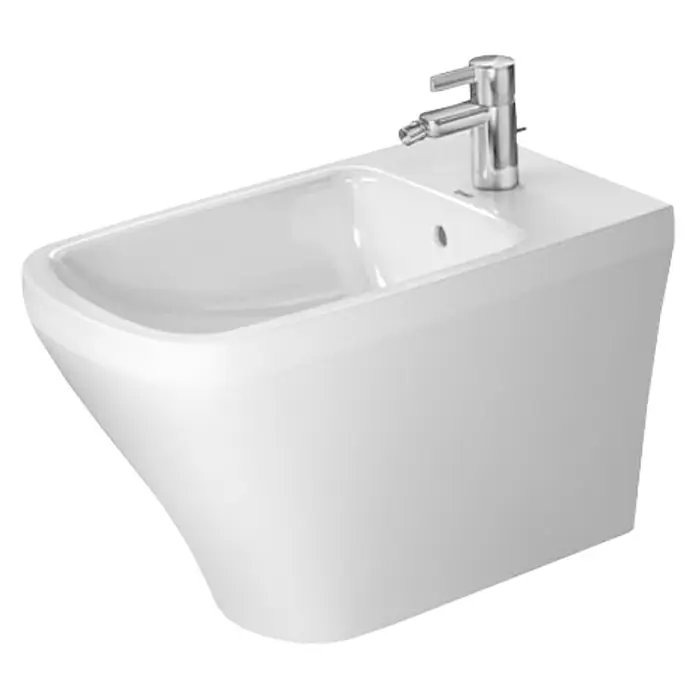 Duravit DuraStyle Stand-Bidet Typ 1 - 37 x 63 cm, Weiß, Keramik, Ohne Spezialglasur - Ein elegantes, wandhängendes Bidet in Weiß mit einem modernen Chromhahn, perfekt für ein stilvolles Badezimmerdesign.