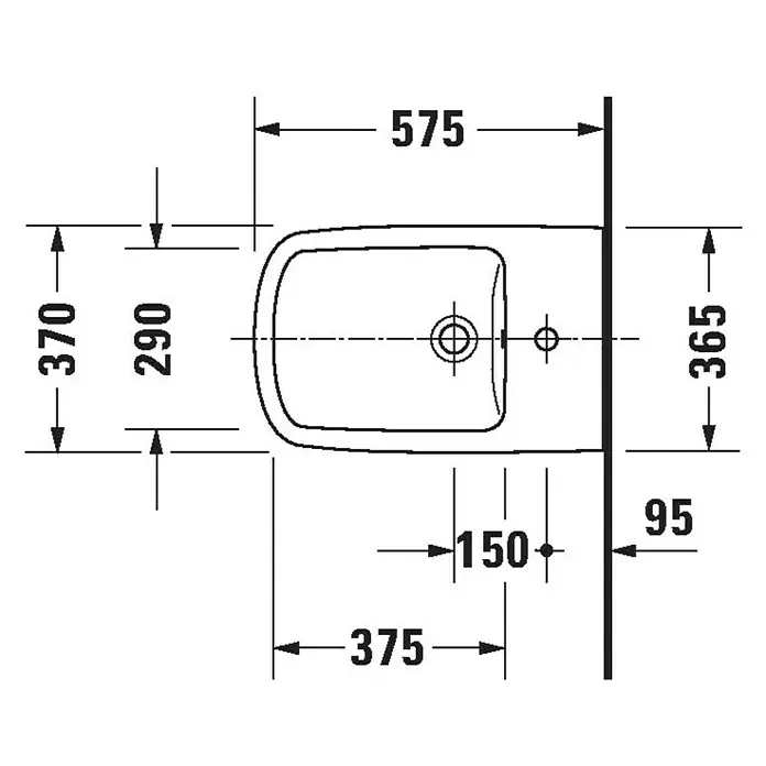 Duravit DuraStyle Stand-Bidet Typ 2 - 37 x 57 cm, Weiß, Keramik, Mit schmutzabweisender Glasur - Detaillierte technische Zeichnung eines Bidetaufsatzes mit allen Maßangaben für die Installation im Badezimmer.