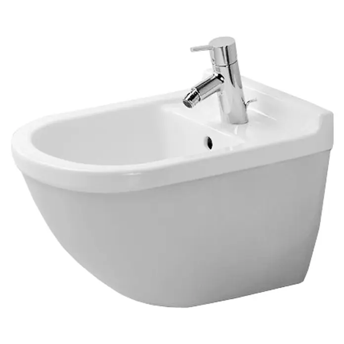 Duravit Starck 3 Wand-Bidet Typ 1 - 36 x 54 cm, Weiß, Keramik, Ohne Spezialglasur - Nahaufnahme eines weißen, wandhängenden Bidets mit verchromtem Wasserhahn auf schwarzem Hintergrund. Elegantes Design für moderne Badezimmer.