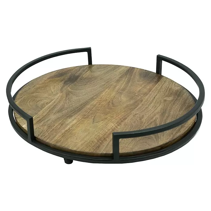 Deko-Tablett Style - Ø x H: 46 x 7,5 cm, Natur/Schwarz, Holz - Runde Holzservierplatte mit schwarzem Metallrahmen und Griffen.