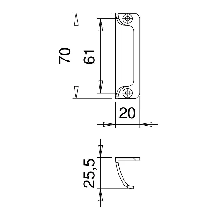 Portaferm Hebetürgriff - Bronze - Technische Zeichnung eines Türgriffs mit Bemaßungen. Präzise Details für Planung und Fertigung des Möbelbeschlags.