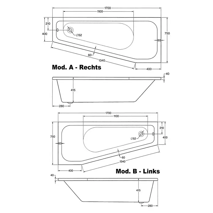 Ottofond Raumsparbadewanne Durban - 170 x 75 cm, Sanitäracryl, Weiß, Rechts - Technische Zeichnung einer asymmetrischen Badewanne (Mod. A - Rechts und Mod. B - Links) mit Maßen.