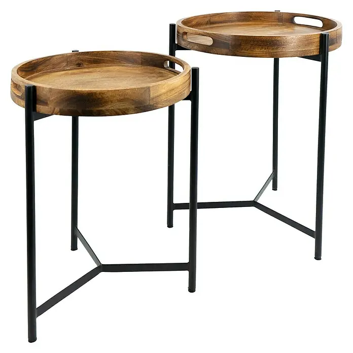 Beistelltisch - Ø x H: 40 x 59 cm, Mangoholz - Zwei runde Beistelltische mit Holztablett und schwarzem Metallgestell. Elegantes Design für Wohnzimmer oder Schlafzimmer.