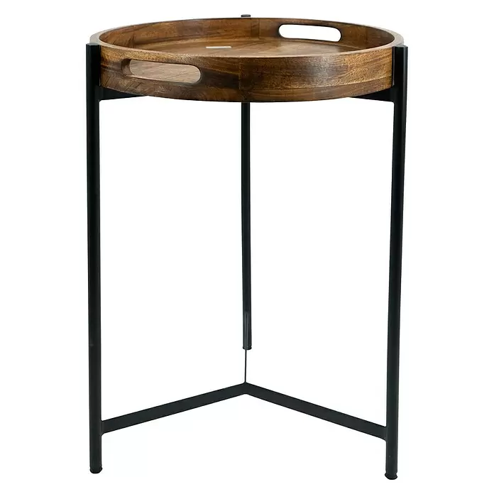 Beistelltisch - Ø x H: 36 x 53 cm, Mangoholz - Runder Beistelltisch mit dunkler Holzplatte und Griffen, getragen von schwarzen Metallbeinen.