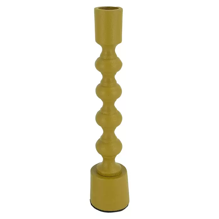 Kerzenständer Pune - Ø x H: 5 x 24 cm, Senfgelb, Metall - Strukturierter ockergelber Kerzenständer mit klassischem, dekorativem, mehrfach segmentiertem Design.