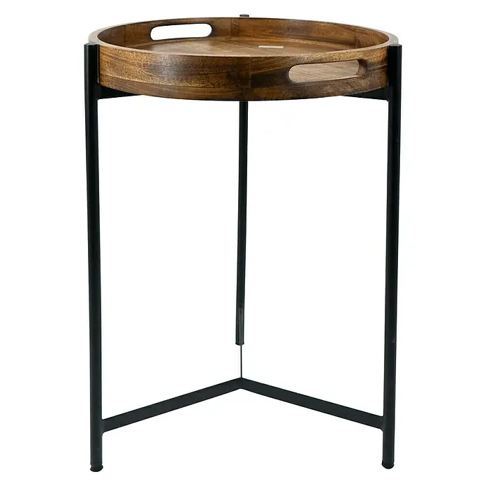 Beistelltisch - Ø x H: 40 x 59 cm, Mangoholz - Elegantes Serviertablett mit Holztablett und schwarzem Metallgestell, ideal für Wohnzimmer oder als stilvoller Beistelltisch.