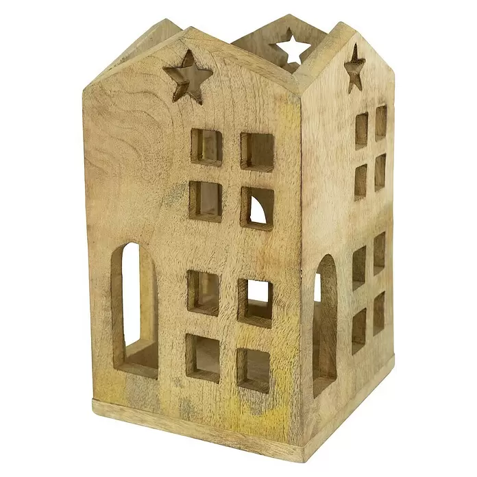 Laterne Haus - L x B x H: 12 x 12 x 24 cm, Natur - Helles Holz-Dekohaus mit ausgeschnittenen Fenstern und Sternen, wahrscheinlich ein Windlicht oder Kerzenhalter.