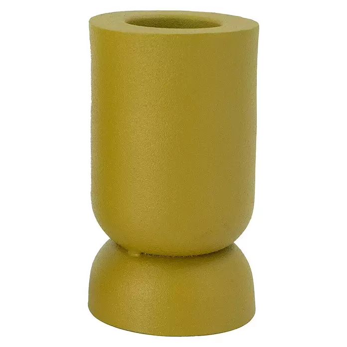 Kerzenhalter Chennai - Ø x H: 6 x 12 cm, Senfgelb, Metall - Texturierte olivgrüne zylindrische Vase mit offener Oberseite und rundem, breiterem Sockel.