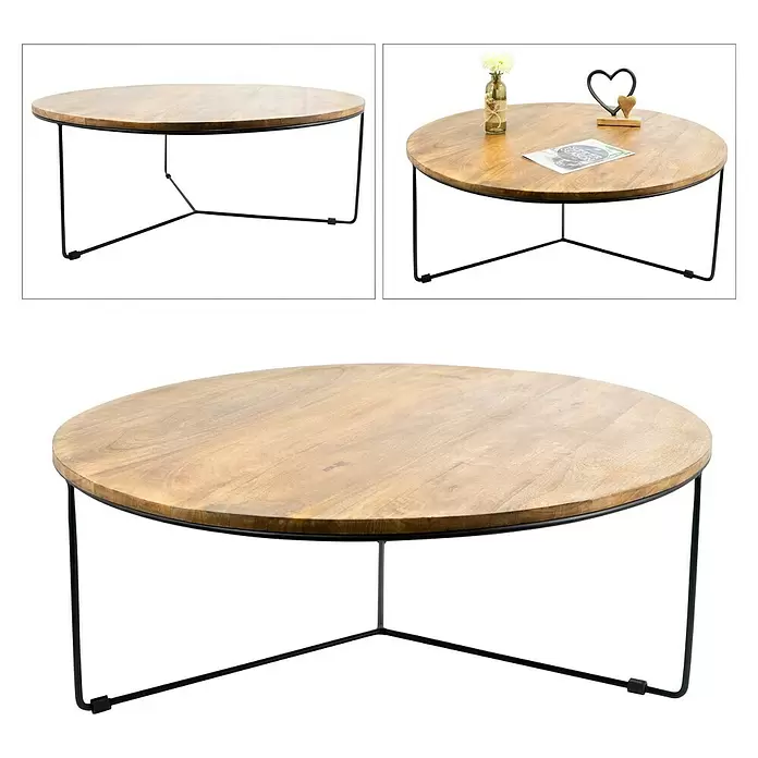 Beistelltisch Delhi - Ø x H: 80 x 30 cm, Natur, Holz - Runder Couchtisch mit heller Holzplatte und schwarzem, geometrischem Metallgestell.