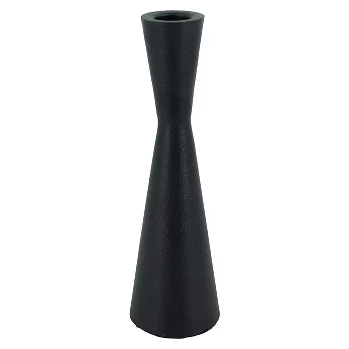 Kerzenhalter Delhi - Ø x H: 7 x 20 cm, Schwarz, Metall - Strukturierter schwarzer Kerzenhalter in Sanduhrform für Stabkerzen.