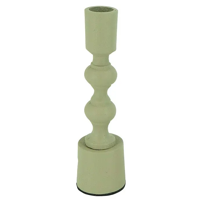 Kerzenständer Pune - Ø x H: 5 x 16,5 cm, Grün, Metall - Detailaufnahme eines dekorativen, hellgrünen Kerzenständers mit ungewöhnlicher Form, ideal für stimmungsvolle Beleuchtung.