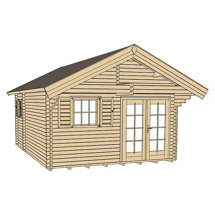 Weka Gartenhaus Müritz - Holz, Natur, Wandstärke: 45 mm, Grundfläche: 24,08 m² - Das Bild zeigt eine detaillierte Illustration eines Blockhauses mit Fenstern und Doppeltüren unter einem dunklen Satteldach.