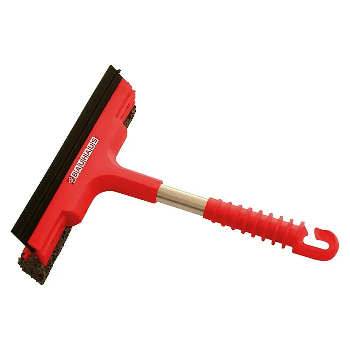 Scheibenreiniger - L x B: 25 x 20 cm - Ein roter Bauhaus-Fensterwischer mit Teleskopstiel, ideal für streifenfreie Sauberkeit und einfaches Reinigen schwer erreichbarer Fenster.