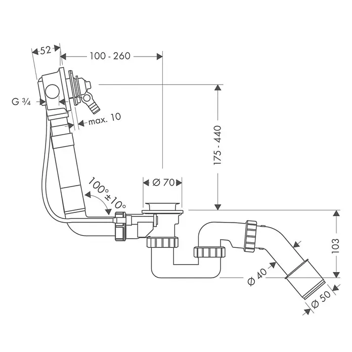 Hansgrohe Ab- & Überlaufgarnitur Exafill - Kunststoff, 1 ½″, Geeignet für: Handelsübliche Badewannen - Eine technische Zeichnung eines Siphons mit verschiedenen Maßangaben, einschließlich Durchmesser und Winkel, zur korrekten Installation.
