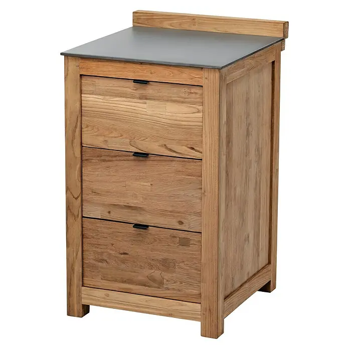 Kingstone Outdoorküche Cliff 6005/Zoe III - 5 -tlg., Teakholz/Stahl/Keramik, Schwarz/Braun, Material Grillfläche: Gusseisen, Anzahl Brenner: 6 - Hölzerner Kommode mit drei Schubladen und einer grauen Platte oben, ideal für stilvolle Aufbewahrungslösungen.