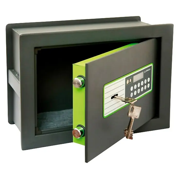 Arregui Caja fuerte empotrable Supra 241060 - Cerradura de combinación electrónica, L x An x Al: 36 x 25 x 39 cm - Una caja fuerte gris con la puerta abierta y una llave insertada en la cerradura.