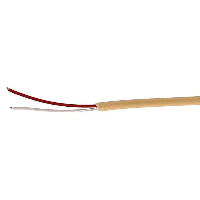 Cable de altavoz libre de oxígeno - 1,5 mm² - Primer plano de un cable de timbre con un aislamiento marrón amarillento que alberga dos hilos de colores.