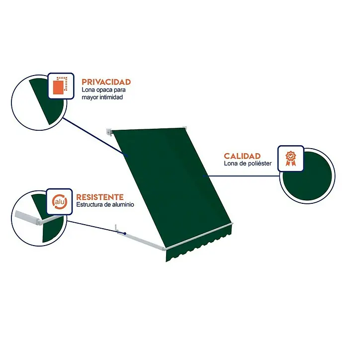 SmartSun Toldo ventana Essential - Verde, Ancho: 1,2 m, Caída: 1,2 m - Imagen de un toldo verde que destaca sus características de privacidad, estructura de aluminio duradera y material de poliéster.