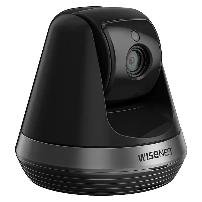 Wisenet Cámara de vigilancia WiFi Full HD -  - Una cámara de seguridad Wisenet negra con paneo e inclinación, diseñada para la monitorización en interiores.