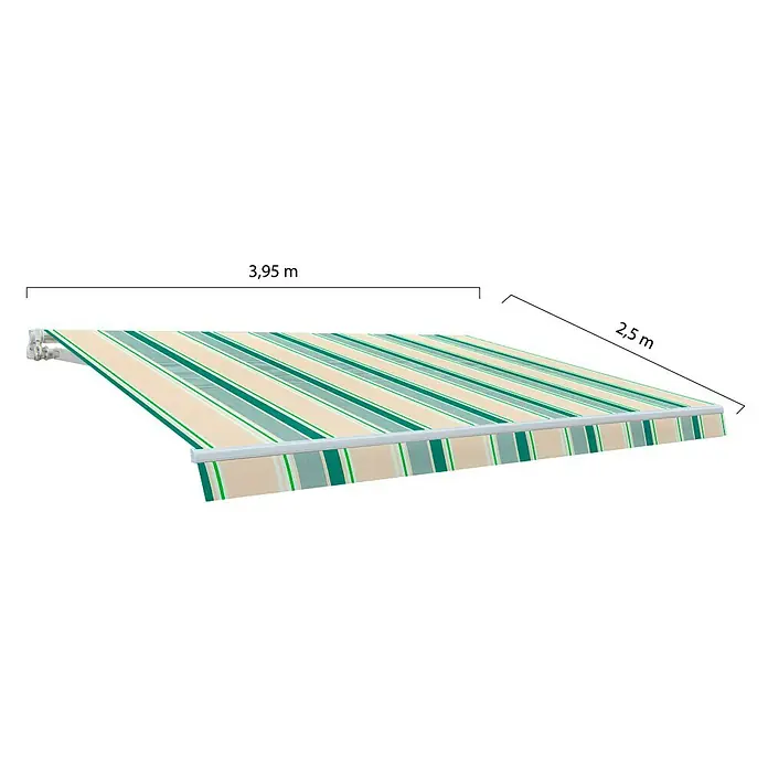 SmartSun Toldo de brazos extensibles Original Kit Acrílico - Beige/Verde, Ancho: 3 m, Caída: 2 m - Imagen de un toldo a rayas con dimensiones de 3,95 m x 2,5 m.