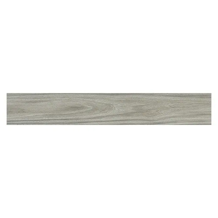 Zócalo cerámico Ferik - 10 x 61,5 cm, Gris - Primer plano de una muestra de baldosa cerámica con aspecto de madera en un tono de color claro, ideal para interiores modernos.