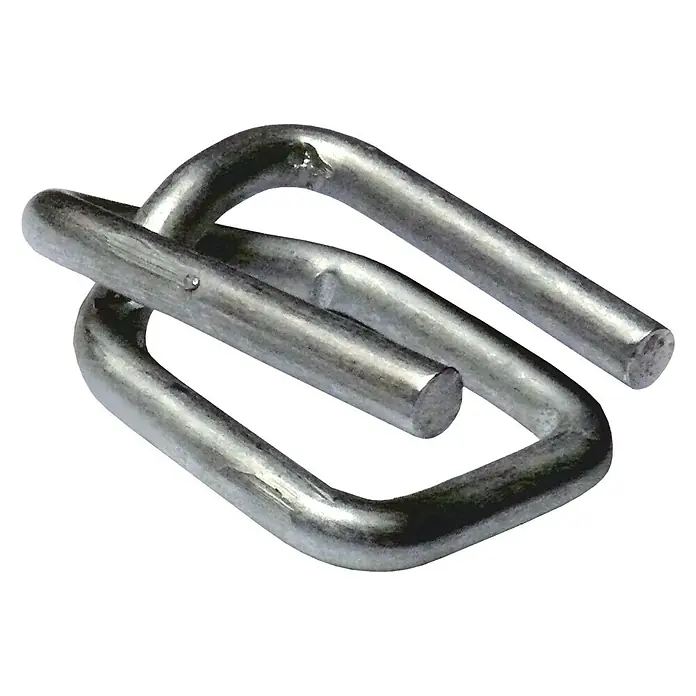 Ponsa Hebilla de sujeción GSP 50 - 1.000 ud. - Primer plano de una hebilla de alambre utilizada para asegurar correas de embalaje, ideal para soluciones de fijación confiables y robustas.