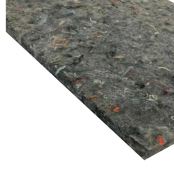 Bur2000 Placa absorbente acústica Felt 34 - 120 x 60 cm, Espesor: 6 cm, Algodón - Primer plano de un panel acústico gris reciclado, perfecto para el aislamiento acústico y térmico en diversas aplicaciones.
