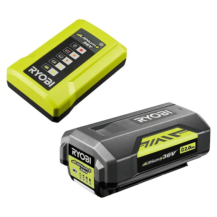 Ryobi Starter-Set RY36BC17A-120 - 36 V - Das Bild zeigt zwei Ryobi Lithium+ 36V Akkus, die für Ryobi Elektrowerkzeuge geeignet sind. Der Fokus liegt auf den Akkus und ihrer Kompatibilität.