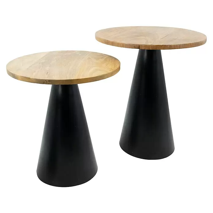 Beistelltisch Conical - Ø x H: 35 x 37 cm, Schwarz, Holz - Set aus zwei runden Beistelltischen mit hellen Holzplatten und schwarzen konischen Sockeln.