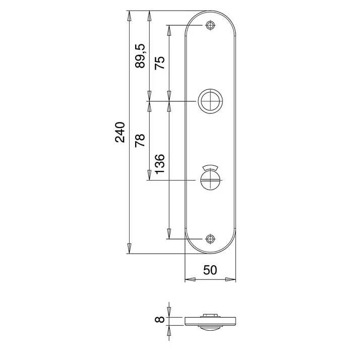 Stabilit Langschild ZT - Schlitzkopf/Olive, Silber - Abbildung der Maße eines Türbeschlags mit einer Länge von 240mm und einer Breite von 50mm zur Verwendung im Bauwesen.