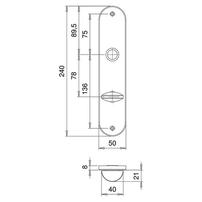 Stabilit Langschild ZT - Schlitzkopf/Olive, Silber - Produktansicht mit Abmessungen. Die dargestellte Türklinke hat eine Länge von 240 mm und eine Breite von 50 mm.