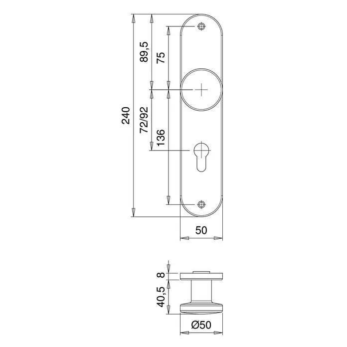 Portaferm Knopfkurzschild ZT - Distanznorm: 72 mm, Aluminium - Technische Zeichnung einer Türgarnitur mit allen Maßen. Die Skizze zeigt das Design und die Abmessungen für Fertigung.