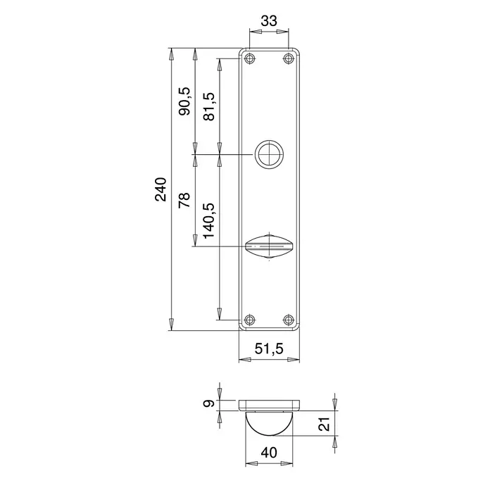 Portaferm Langschild ZT - Distanznorm: 78 mm, Schlitzkopf/Olive, Silber - Technische Zeichnung eines Türbeschlags mit detaillierten Maßangaben für Installation und Design, inklusive Griff und Rosette.