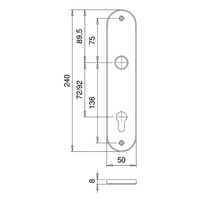 Portaferm Langschild ZT - Distanznorm: 72 mm, Profilzylinder, Silber - Technische Zeichnung eines Türbeschlags mit Maßangaben zu Länge (240 mm), Breite (50 mm) und Dicke (8 mm), sowie Lochabstand (72/92 mm).