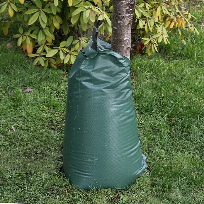 Floraworld Bewässerungssack Comfort - Passend für: Bäume bis Ø 18 cm, 400 g/m² - Nahaufnahme einer grünen Bewässerungstasche für Bäume, die am Stamm eines Baumes auf einer Rasenfläche befestigt ist.