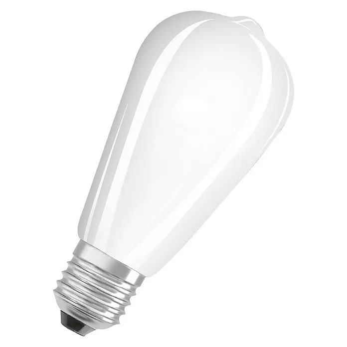 Osram Bombilla LED Classic - E27, No regulable, Blanco cálido, 730 lm, 6,5 W - Primer plano de una bombilla LED ST64 con superficie opal y base E27. Ideal para iluminación decorativa con luz blanca cálida.