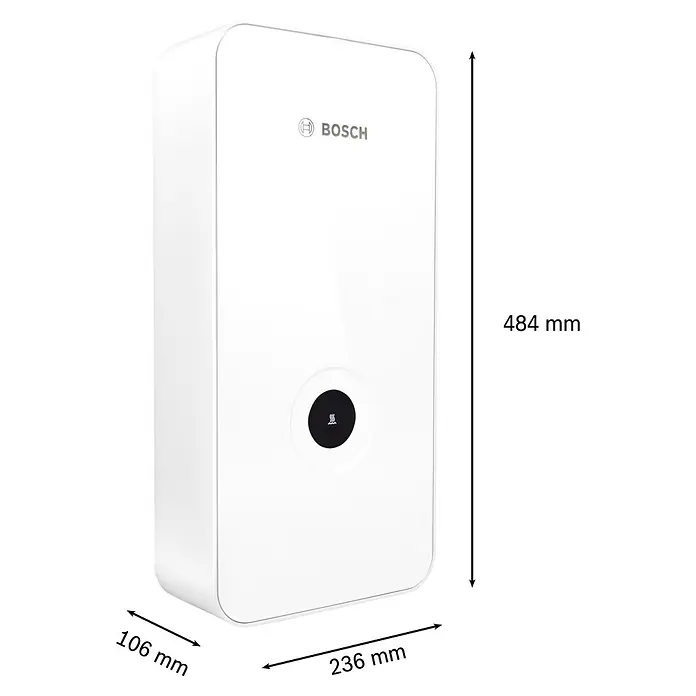 Bosch Durchlauferhitzer Tronic Line - 15/18/21 kW, Elektronisch, Geschlossen - Abbildung des Bosch Tronic 4000 WB elektronischen Durchlauferhitzers mit Größenangaben.