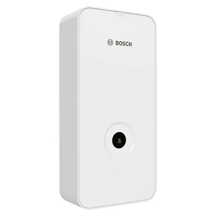 Bosch Durchlauferhitzer Tronic Line - 15/18/21 kW, Elektronisch, Geschlossen - Produktansicht: Ein kompakter, weißer Bosch-Warmwasserbereiter mit minimalistischem Design und rundem Bedienfeld für moderne Heizlösungen.