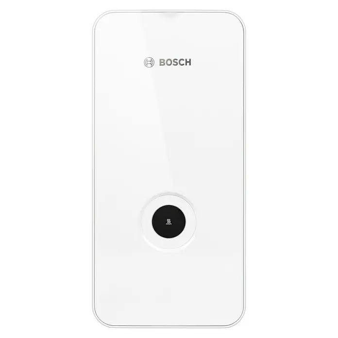 Bosch Durchlauferhitzer Tronic Line - 15/18/21 kW, Elektronisch, Geschlossen - Nahaufnahme einer weißen Bosch-Heizungsanlage mit runden Bedienelementen.
