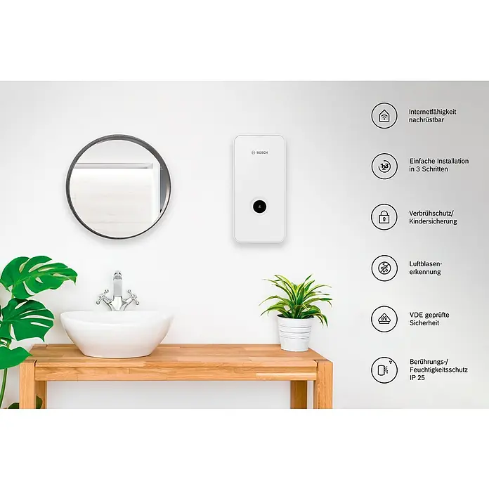 Bosch Durchlauferhitzer Tronic Line - 15/18/21 kW, Elektronisch, Geschlossen - Das Bild zeigt einen Bosch Warmwasserbereiter mit Smart-Home-Funktionen und Sicherheitsmerkmalen in einem modernen Badezimmer.