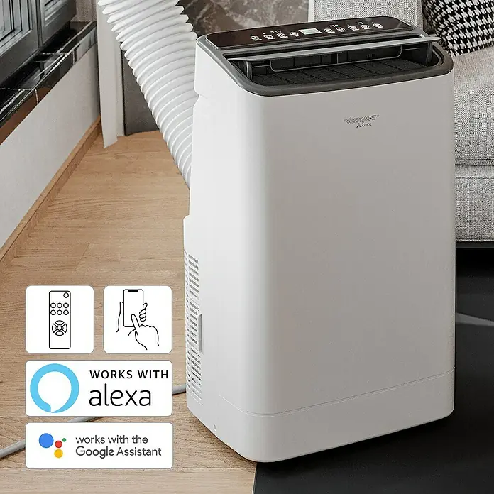 Voltomat Aire acondicionado portátil Yakutsk - 5.200 W, Tamaño de la estancia: 52 m², Blanco - Un aire acondicionado portátil blanco con manguera de escape, compatible con Alexa y Google Assistant.