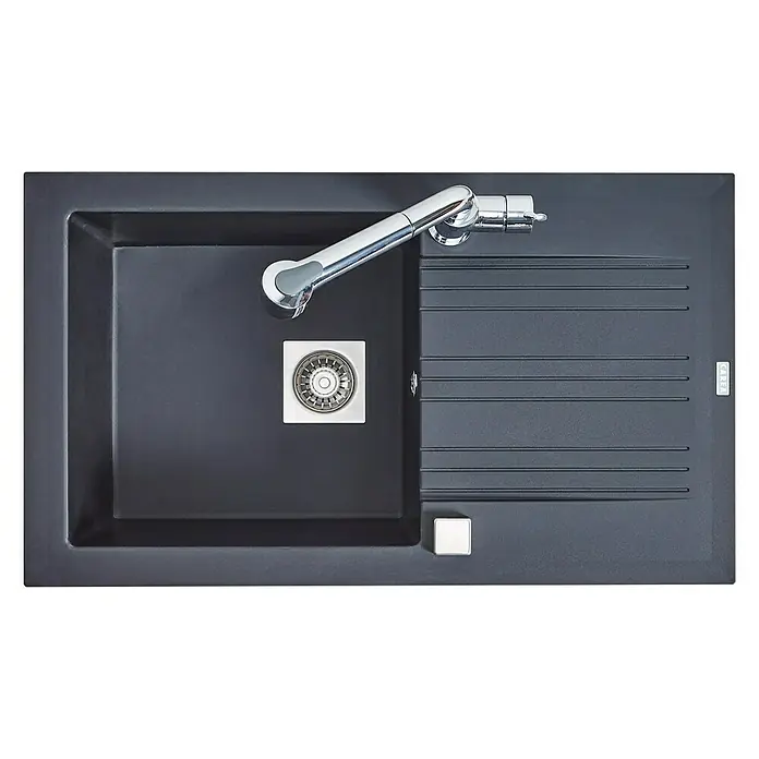 Carea Einbauspüle Muscade - 86 x 50 cm, Schwarz - Eine moderne, eckige Spüle mit Abtropffläche und einem eleganten, verchromten Wasserhahn. Ideal für jede Küche.