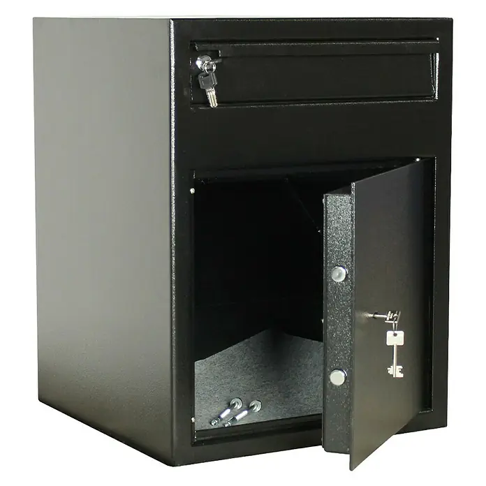 Rottner Einwurftresor Cashmatic 2 - 47 x 46 x 60 cm, Doppelbartschloss - Ein Tresor mit offenem Fach und Geldeinwurfschlitz, inklusive Schlüssel zur sicheren Aufbewahrung von Wertsachen.