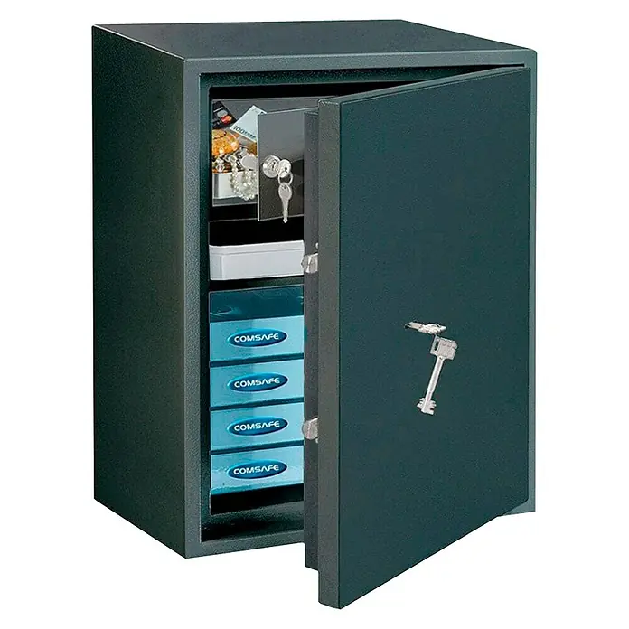 Rottner Möbeltresor Power Safe - Doppelbartschloss, L x B x H: 40 x 44,5 x 80 cm, Anthrazit - Ein geöffneter Tresor von COMSAFE, ideal zum Schutz von Wertgegenständen. Solide Bauweise für maximale Sicherheit, inklusive Schlüssel.