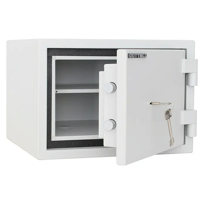 Rottner Feuerschutztresor Fire Safe - 45 x 44,5 x 31,5 cm, Doppelbart-Hochsicherheitsschloss - Weißer Möbeltresor mit offenstehender Tür und Schlüssel, ideal zur sicheren Aufbewahrung von Wertsachen im Haus oder Büro.