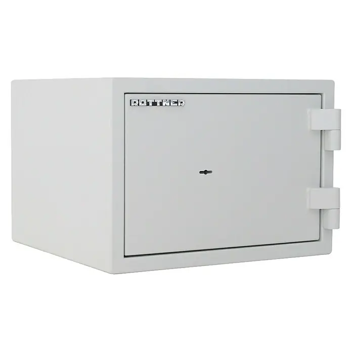 Rottner Feuerschutztresor Fire Safe - 45 x 44,5 x 31,5 cm, Doppelbart-Hochsicherheitsschloss - Abbildung eines Rottner Tresors in neutralem Weiß, ideal zur sicheren Aufbewahrung von Wertsachen. Der Tresor bietet soliden Schutz und unauffälliges Design.
